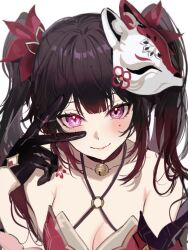 Rule 34 | 1girl, absurdres, bare shoulders, bell, black gloves, black hair, breasts, butterfly-shaped pupils, cleavage, collarbone, flower tattoo, fox mask, fractalmagnolia, gloves, highres, honkai: star rail, honkai (series), jingle bell, long hair, looking at viewer, mask, mask on head, medium breasts, neck bell, o-ring, pink eyes, simple background, solo, sparkle (honkai: star rail), symbol-shaped pupils, tattoo, twintails, white background