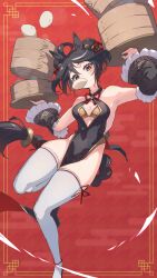 Rule 34 | 1girl, absurdres, ahoge, alternate costume, animal ears, black dress, black hair, blush, bra, breasts, china dress, chinese clothes, cleavage cutout, clothing cutout, commentary request, dress, hair bun, highres, horse ears, horse girl, horse tail, kitasan black (umamusume), looking at viewer, medium breasts, multicolored hair, orange bra, pelvic curtain, red background, red eyes, sideless outfit, simple background, single hair bun, streaked hair, tail, thighhighs, umamusume, underwear, white hair, white thighhighs, yakousei a