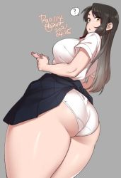 Rule 34 | 1girl, 2021, ?, agawa ryou, artist name, ass, bangs, blush, breasts, curvy, dated, eyebrows visible through hair, from behind, grey background, huge breasts, long hair, looking at viewer, navel, panties, signature, simple background, solo, thick lips, thick thighs, thighs, underwear, watermark, web address, white panties, wide hips