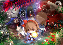 Rule 34 | absurdres, animal ears, bag, bandaged head, bandages, blood, blood on hands, blood stain, bug, bush, centipede, chibi, colorful, dog, facing away, facing viewer, flashlight, flower, fog, ghost, glowing, glowing eyes, grass, hair between eyes, hair ribbon, highres, leash, loafers, long hair, monster, monster girl, multiple girls, mummy, nail, open mouth, outdoors, plant, pleated skirt, protagonist&#039;s sister (yomawari), protagonist (yomawari), rabbit ears, railroad tracks, red flower, red ribbon, ribbon, road, rock, sack, school uniform, shionen, shoes, short hair, short sleeves, shoulder bag, shrine, skirt, stone, tentacles, white fur, yomawari, yomawari (series)