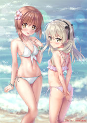 Rule 34 | 10s, 2girls, amakusa tobari, arm grab, arms behind back, beach, bikini, black ribbon, blurry, blurry background, blush, bracelet, breasts, brown eyes, brown hair, cleavage, closed mouth, commentary request, covering privates, covering ass, day, diffraction spikes, flower, frilled bikini, frills, from side, front-tie bikini top, front-tie top, girls und panzer, hair flower, hair ornament, hair ribbon, jewelry, lens flare, light brown hair, long hair, looking at viewer, looking back, medium breasts, multiple girls, navel, nishizumi miho, ocean, open mouth, outdoors, petite, pink bikini, ribbon, shimada arisu, short hair, side-tie bikini bottom, small breasts, smile, sparkle, standing, swimsuit, twitter username, waves, white bikini, wristband