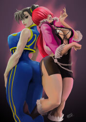 2girls ass ass-to-ass ass_focus between_legs boots breasts busty_female capcom chun-li cleavage curvy female_focus from_behind hair_bun huge_ass huge_breasts large_breasts latex leather long_hair looking_at_viewer looking_back multiple_girls pale_skin pants ponytail red_hair shermie_(kof) skirt standing street_fighter the_king_of_fighters thick_thighs thighs wide_hips