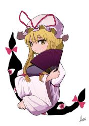 Rule 34 | 1girl, artist name, asutoro (s--t), blonde hair, closed mouth, commentary, dress, folding fan, food, gap (touhou), hair ribbon, hand fan, hat, hat ribbon, highres, holding, holding food, long hair, long sleeves, looking at viewer, mob cap, one-hour drawing challenge, pink ribbon, purple dress, ribbon, sidelocks, signature, smile, solo, touhou, white background, white hat, wide sleeves, yakumo yukari, yellow eyes