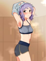 Rule 34 | 1girl, absurdres, armpits, arms up, blurry, blurry background, blush, breasts, highres, idolmaster, idolmaster million live!, indoors, locker, locker room, looking back, makabe mizuki, milliani, parted lips, purple hair, short hair, shorts, sidelocks, small breasts, sports bra, stained clothes, steam, steaming body, stomach, sweat, sweaty clothes, translation request, undressing, wet, yellow eyes