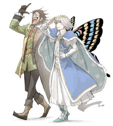 Rule 34 | 2boys, anger vein, beard, belt, black pants, blue eyes, boots, brown hair, cape, crown, diamond hairband, dress, facial hair, fate/grand order, fate (series), frills, full body, fur-trimmed cape, fur trim, grey hair, high heels, highres, insect wings, kankan33333, long hair, long sleeves, looking afar, looking to the side, male focus, medium hair, multiple boys, oberon (fate), open mouth, pants, pointing, pointing up, shirt, standing, teeth, unamused, walking, white shirt, william shakespeare (fate), wings