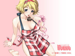 Rule 34 | 1girl, :p, apron, blonde hair, blue eyes, blush, breasts, chocolate, food, happoubi jin, heart, men&#039;s young, naked apron, short hair, solo, tongue, tongue out