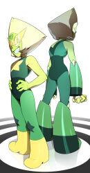 Rule 34 | 1girl, back turned, boots, colored skin, green eyes, green hair, green skin, grin, hands on own hips, highres, kamina shades, looking at viewer, looking back, looking to the side, multiple views, peridot (steven universe), scowl, smile, standing, steven universe, sunglasses, svacob, teeth, white background