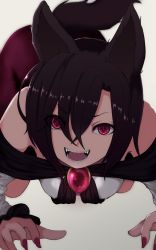Rule 34 | 1girl, all fours, animal ears, bare shoulders, blouse, breasts, commentary request, detached sleeves, fangs, hair between eyes, hanging breasts, highres, imaizumi kagerou, long sleeves, looking at viewer, marsen, medium breasts, nail polish, off shoulder, open mouth, red skirt, shirt, skirt, slit pupils, solo, tail, top-down bottom-up, touhou, white shirt, wolf ears, wolf tail