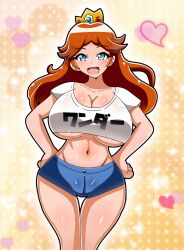 Rule 34 | 1girl, blue eyes, breasts, brown hair, casual, cleavage, crown, grin, hand on own hip, heart, highres, huge breasts, legs, looking at viewer, mario (series), midriff, navel, nintendo, open mouth, princess daisy, shiny skin, shorts, smile, solo, spoken heart, standing, super mario land, thigh gap, tomboy