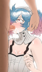 Rule 34 | 1boy, 1girl, blue hair, bluphoenix, blush, breasts, clothed sex, cum, cum in mouth, cum on body, cum on breasts, cum on upper body, ejaculation, facial, fellatio, fire emblem, fire emblem fates, gradient hair, hand on head, hetero, highres, irrumatio, multicolored hair, nintendo, oral, penis, peri (fire emblem), red eyes, red hair, simple background, tears, twintails, uncensored, upper body