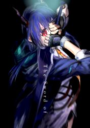 Rule 34 | 1girl, absurdres, arknights, black background, black gloves, black shorts, blue hair, blue jacket, ch&#039;en (arknights), chromatic aberration, collared shirt, commentary request, cowboy shot, dragon girl, dragon horns, english text, fingerless gloves, gloves, gyoukan (jfxc), hair between eyes, highres, holding, holding sword, holding weapon, horns, jacket, long hair, looking at viewer, looking back, necktie, open clothes, open jacket, red eyes, shirt, shorts, simple background, solo, sword, weapon, white shirt, yellow necktie