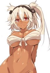 Rule 34 | &gt;:), 10s, 1girl, aosaki yukina, arms behind back, bad id, bad twitter id, bottomless, breasts, budget sarashi, cleavage, dark-skinned female, dark skin, glasses, hair between eyes, headgear, kantai collection, large breasts, looking at viewer, musashi (kancolle), navel, no panties, one-hour drawing challenge, out-of-frame censoring, pointy hair, red eyes, sarashi, semi-rimless eyewear, short hair with long locks, simple background, smile, solo, two side up, under-rim eyewear, underboob, v-shaped eyebrows, white background, white hair