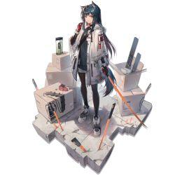 Rule 34 | 1girl, animal ear fluff, animal ears, arknights, black hair, black pantyhose, black shirt, box, brown eyes, cardboard box, full body, gloves, hand up, holding, holding sword, holding weapon, huanxiang heitu, id card, jacket, left-handed, long hair, long sleeves, looking at viewer, official alternate costume, official art, open clothes, open jacket, pantyhose, planted, planted sword, planted weapon, red gloves, shadow, shirt, shoes, short shorts, shorts, sneakers, solo, standing, sword, texas (arknights), texas (winter messenger) (arknights), transparent background, weapon, white footwear, white jacket, white shorts, wide sleeves, wolf ears