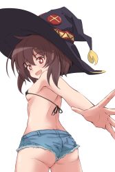 Rule 34 | 1girl, alternate costume, ass, bare arms, bare shoulders, bikini, bikini top only, black hat, blush, breasts, brown hair, commentary request, covered erect nipples, cutoffs, denim, denim shorts, from behind, hat, highres, k-go, kono subarashii sekai ni shukufuku wo!, medium hair, megumin, micro bikini, micro shorts, outstretched arm, red eyes, shorts, simple background, small breasts, solo, swimsuit, white background, witch hat