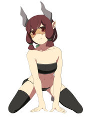 Rule 34 | 1girl, absurdres, arm support, bad id, bad pixiv id, bandeau, bare arms, bare shoulders, black bandeau, black panties, black thighhighs, brown eyes, brown hair, closed mouth, collarbone, full body, head tilt, highres, horns, kneeling, long hair, looking at viewer, navel, original, panties, pointy ears, simple background, solo, surio, thighhighs, underwear, white background
