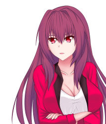 Rule 34 | 1girl, absurdres, breasts, cleavage, fate/grand order, fate (series), female focus, hand on hand, highres, jacket, lips, long hair, looking to the side, open mouth, purple hair, red eyes, rizcky ryu, scathach (fate), scathach (fate), shirt, simple background, solo, upper body, white background