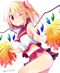Rule 34 | 1girl, ;), alternate costume, blonde hair, blush, breasts, cheerleader, chipa (arutana), covered erect nipples, flandre scarlet, long hair, looking at viewer, midriff, no panties, one eye closed, pointy ears, pom pom (cheerleading), red eyes, side ponytail, simple background, sleeveless, small breasts, smile, solo, touhou, white background, wings