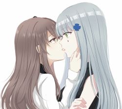 Rule 34 | 2girls, bad id, bad pixiv id, black sweater, blue hair, brown eyes, brown hair, girls&#039; frontline, green eyes, hk416 (girls&#039; frontline), kiss, lips, long hair, looking at another, multiple girls, shirt, sui (camellia), sweater, ump45 (girls&#039; frontline), white background, white shirt, yuri