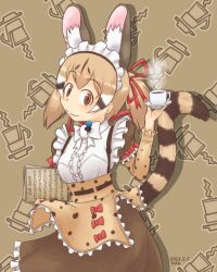 Rule 34 | 1girl, animal ears, apron, belt, bow, bowtie, brown eyes, brown hair, cat ears, cat girl, cat tail, cup, extra ears, highres, hrk takeiteasy, kemono friends, kemono friends v project, large-spotted genet (kemono friends), long hair, looking at viewer, maid apron, maid headdress, microphone, ribbon, shirt, skirt, solo, suspenders, tail, teacup, twintails, virtual youtuber