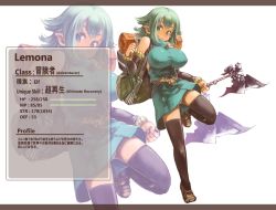 Rule 34 | 1girl, axe, breasts, elf, green eyes, green hair, impossible clothes, large breasts, matching hair/eyes, original, panties, pantyshot, pointy ears, remona-san, sachito, solo, stats, text focus, thighhighs, translation request, underwear, upskirt, weapon, white panties, zoom layer