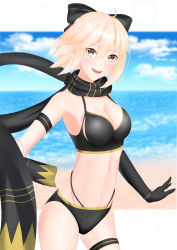 Rule 34 | 1girl, :d, absurdres, ahoge, asymmetrical gloves, bikini, black bikini, black bow, black gloves, black scarf, blonde hair, blurry, blurry background, blush, bow, breasts, cleavage, collarbone, cowboy shot, elbow gloves, fate/grand order, fate (series), gloves, groin, hair between eyes, hair bow, highres, looking at viewer, masamune tokunaga, medium breasts, ocean, okita j. souji (fate), okita j. souji (first ascension) (fate), okita souji (fate), okita souji (koha-ace), open mouth, scarf, short hair, sideboob, single glove, smile, solo, standing, swimsuit, thigh strap, uneven gloves, yellow eyes
