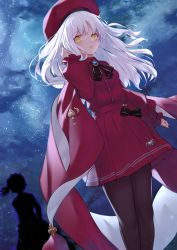 Rule 34 | 1boy, 1girl, angra mainyu (fate), beret, black pantyhose, blush, breasts, brooch, caren hortensia, caren hortensia (amor caren), caren hortensia (amor caren) (second ascension), dress, fate/grand order, fate/hollow ataraxia, fate (series), hat, highres, jewelry, long hair, long sleeves, looking at viewer, neck ribbon, night, night sky, pantyhose, parted lips, red dress, red headwear, reuri (tjux4555), ribbon, shawl, sky, small breasts, star (sky), starry sky, thighs, wavy hair, white hair, yellow eyes