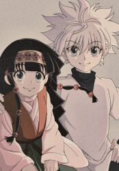 Rule 34 | 1boy, 1other, alluka zoldyck, androgynous, arms at sides, black hair, blue eyes, child, closed mouth, enoki (gongindon), hand on another&#039;s shoulder, hunter x hunter, killua zoldyck, layered sleeves, looking at viewer, muted color, siblings, smile, spiked hair