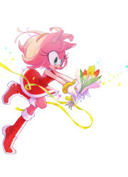 Rule 34 | amy rose, animal ears, animal nose, boots, bouquet, dress, flower, full body, furry, furry female, gloves, gold bracelet, green eyes, hairband, hedgehog, hedgehog ears, hedgehog girl, hedgehog tail, highres, holding, holding bouquet, knee boots, konjiki ringo, looking to the side, pink fur, red dress, red flower, red footwear, red hairband, sleeveless, sleeveless dress, sonic (series), tail, white background, white gloves, yellow flower