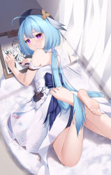 Rule 34 | 1girl, absurdres, ahoge, bare shoulders, barefoot, beret, bingchuan xian yu huang, blue hair, blue nails, curtains, drawing, dress, feet, full body, griseo, griseo (starry impression), hair ornament, hat, highres, holding, holding pencil, honkai (series), honkai impact 3rd, indoors, long hair, looking at viewer, nail polish, open mouth, pencil, purple eyes, soles, solo, toenail polish, toenails, twintails, white curtains, white dress
