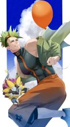 Rule 34 | 1boy, abs, absurdres, achilles (fate), achilles (fearless diver) (fate), balloon, black shirt, fate/grand order, fate (series), goggles, goggles on head, green hair, green jacket, grimace, haruakira, highres, holding, holding balloon, jacket, large pectorals, looking up, male focus, muscular, muscular male, orange eyes, orange pants, pants, pectorals, shirt, shoes, skin tight, sleeveless, sleeveless shirt, solo, tarasque (fate), undercut