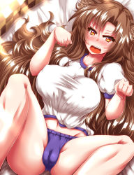Rule 34 | 1girl, animal ears, blush, breasts, brown hair, buruma, cameltoe, covered erect nipples, fang, groin, gym uniform, highres, imaizumi kagerou, impossible clothes, large breasts, long hair, looking at viewer, midriff, navel, open mouth, orange eyes, solo, touhou, wolf ears, zan (harukahime)