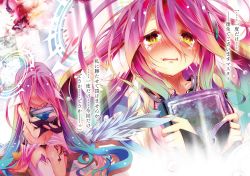 Rule 34 | 1girl, absurdly long hair, asymmetrical legwear, asymmetrical sleeves, black panties, blush, book, bridal gauntlets, collarbone, crying, crying with eyes open, detached sleeves, floating hair, groin, hair over eyes, highres, holding, holding book, jibril (no game no life), kamiya yuu, kneeling, long hair, looking down, lossy-lossless, midriff, multicolored hair, navel, no game no life, novel illustration, official art, open mouth, panties, pink thighhighs, stomach, tattoo, tears, thighhighs, underwear, uneven legwear, uneven sleeves, very long hair, yellow eyes