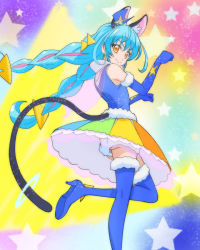 Rule 34 | 1girl, animal ear fluff, animal ears, blue cat (precure), blue gloves, blue hair, blue hat, blue thighhighs, cat ears, cat tail, closed mouth, cure cosmo, elbow gloves, gloves, haruyama kazunori, hat, long hair, looking at viewer, magical girl, mini hat, multicolored clothes, multicolored skirt, orange eyes, precure, skirt, smile, solo, standing, standing on one leg, star (symbol), star twinkle precure, starry background, tail, thighhighs, twintails