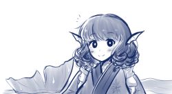 Rule 34 | 1girl, blue theme, curly hair, female focus, fins, fish tail, head fins, japanese clothes, kimono, looking at viewer, maditsu, mermaid, monochrome, monster girl, smile, solo, tail, touhou, upper body, wakasagihime, water, white background