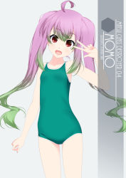 Rule 34 | 1girl, ahoge, artist name, character name, collarbone, competition school swimsuit, cowboy shot, eyes visible through hair, fang, flat chest, gradient hair, green hair, green one-piece swimsuit, grey background, hair between eyes, highres, inaba shiki, kantai collection, long hair, looking at viewer, momo (kancolle), multicolored hair, one-hour drawing challenge, one-piece swimsuit, pink hair, red eyes, school swimsuit, simple background, solo, sparkling eyes, standing, star (symbol), swimsuit, twintails, v over eye