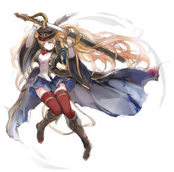 Rule 34 | 10s, 1girl, ascot, bandaid, bandaid on face, black coat, black hat, blonde hair, blue skirt, boots, breasts, brown eyes, brown footwear, closed mouth, coat, feathers, full body, granblue fantasy, hat, hat feather, holding, holding sword, holding weapon, knees together feet apart, long hair, long sleeves, medium breasts, military, military uniform, miniskirt, monica (granblue fantasy), open clothes, open coat, peaked cap, pleated skirt, red thighhighs, sheath, shirt, simple background, skirt, smile, solo, sword, thighhighs, twintails, uniform, unsheathing, weapon, white background, white shirt, wide sleeves, yukihiko (tyabobo), zettai ryouiki