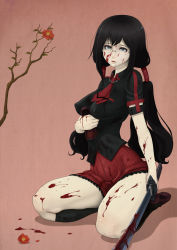 Rule 34 | 10s, 1girl, absurdres, ao madoushi, black hair, blood, blood-c, blood on face, blood on clothes, breasts, covered erect nipples, flower, glasses, highres, katana, kisaragi saya, large breasts, long hair, no bra, school uniform, seiza, sitting, solo, sword, very long hair, weapon