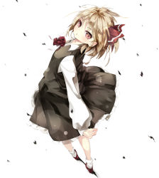 Rule 34 | 1girl, :o, blonde hair, blush, bow, collared shirt, from behind, gorilla (bun0615), hair ribbon, highres, leaning back, looking at viewer, red eyes, red footwear, ribbon, rumia, shirt, shoes, skirt, skirt set, socks, solo, touhou, vest, wind