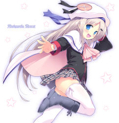 Rule 34 | 1girl, :3, :d, blue eyes, blush, boots, bow, cape, cross-laced footwear, hair ornament, hairclip, hat, highres, lace-up boots, little busters!, long hair, looking at viewer, noumi kudryavka, open mouth, pikazo, pink bow, plaid, plaid skirt, school uniform, silver hair, skirt, smile, solo, thighhighs, white thighhighs