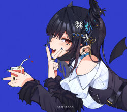 Rule 34 | 1girl, asymmetrical horns, bare shoulders, black hair, black mask, blue hair, breasts, colored inner hair, demon horns, fur trim, hair ornament, highres, hololive, hololive english, horns, juice box, keisea, long hair, looking at viewer, lying, mask, medium breasts, mole, mole under eye, mouth mask, multicolored hair, nerissa ravencroft, nerissa ravencroft (1st costume), on stomach, red eyes, smile, solo, two-tone hair, uneven horns, unworn mask, virtual youtuber