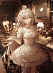 Rule 34 | 1girl, ahoge, alcohol, apron, bar (place), bar stool, beer mug, bottle, corset, cup, dress, drinking glass, fate/grand order, fate (series), frilled hairband, frills, hairband, highres, lamp, long hair, map, merlin (fate/prototype), mug, pink eyes, stool, tamitami, whiskey, white apron, white dress, white hair, wine bottle, wrist cuffs
