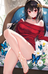Rule 34 | 1girl, bare legs, barefoot, black hair, blue butterfly, blush, breasts, bug, butterfly, choker, closed mouth, earrings, flower, hair between eyes, hair flower, hair ornament, hairband, highres, insect, jewelry, knee up, large breasts, long hair, looking at viewer, nail polish, nekoda (maoda), off-shoulder sweater, off shoulder, red choker, red eyes, red nails, red sweater, solo, spy x family, sweater, toe ring, toenail polish, toenails, white flower, white hairband, yor briar