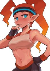 Rule 34 | 1girl, black gloves, black pants, blue eyes, blush, cowboy shot, fingerless gloves, gashi-gashi, gloves, hand on own hip, headband, looking at viewer, midriff, navel, nintendo, orange hair, pants, pointy ears, ponytail, ring fit adventure, ring fit trainee, simple background, solo, sweat, tank top, white background, white tank top