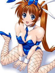 Rule 34 | 00s, 1girl, :d, animal ears, bare shoulders, blue eyes, blue necktie, breasts, brown hair, cleavage, cuffs, detached collar, fake animal ears, fishnet pantyhose, fishnets, from above, hair ribbon, high heels, leotard, long hair, looking at viewer, lyrical nanoha, mahou shoujo lyrical nanoha strikers, necktie, open mouth, pantyhose, playboy bunny, rabbit ears, ribbon, sen (sansui), short necktie, side ponytail, sitting, smile, solo, takamachi nanoha, twintails, white background