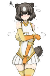 Rule 34 | 10s, 1girl, alternate breast size, alternate costume, animal ears, bare shoulders, bear ears, bear tail, blush, brown bear (kemono friends), brown hair, cosplay, elbow gloves, embarrassed, gloves, golden snub-nosed monkey (kemono friends), golden snub-nosed monkey (kemono friends) (cosplay), highres, impossible clothes, impossible leotard, kemono friends, leotard, multicolored hair, nose blush, short hair, solo, squiggle, sweatdrop, tail, thighhighs, user rrrm2784, white hair