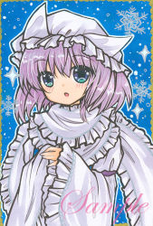 Rule 34 | 1girl, :o, blue background, blue eyes, blue vest, blush, frilled hat, frilled scarf, frilled sleeves, frills, hat, juliet sleeves, letty whiterock, long sleeves, looking at viewer, marker (medium), medium hair, mob cap, open mouth, pink hair, puffy sleeves, rui (sugar3), sample watermark, scarf, shirt, snowflake background, solo, touhou, traditional media, upper body, vest, watermark, white hat, white scarf, white shirt, wide sleeves
