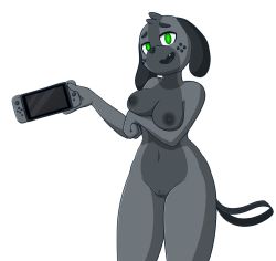 Rule 34 | 1girl, animal ears, animalization, artist name, breasts, controller, cowboy shot, dog ears, fang, female focus, furry, furry female, game console, game controller, green eyes, half-closed eyes, hand up, highres, holding, large breasts, looking at viewer, maypul syrup, navel, nintendo, nintendo switch, nipples, nude, open mouth, pussy, smile, solo, standing, switch dog, tail, text focus, textless version, transparent background, uncensored, watermark, web address