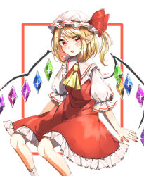 Rule 34 | 1girl, ascot, blonde hair, cowboy shot, crystal wings, dress, flandre scarlet, hat, hat ribbon, highres, looking at viewer, medium hair, mob cap, open mouth, pointy ears, puffy short sleeves, puffy sleeves, red dress, red eyes, red ribbon, ribbon, short sleeves, side ponytail, simple background, solo, touhou, white background, yellow ascot, yukiwari (warr4854)