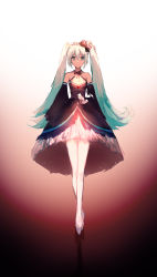 Rule 34 | 1girl, absurdres, aqua eyes, aqua hair, black dress, black sleeves, bloom, bow, caibaobao (user ncrp5222), criss-cross halter, detached sleeves, dress, floating, full body, hair bow, halterneck, hatsune miku, highres, long hair, looking at viewer, petticoat, slippers, smile, solo, thighhighs, twintails, very long hair, vocaloid, white thighhighs