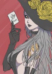 Rule 34 | 1girl, black dress, black gloves, black lips, black lips, breasts, card, collar, dress, elbow gloves, flower, gloves, hat, highres, holding, holding card, irony, large breasts, lipstick, long hair, looking at viewer, makeup, niijima sae, persona, persona 5, playing card, poechan chan, red background, rose, shadow (persona), shadow sae, shoulder tattoo, sideboob, silver hair, spiked collar, spikes, tattoo, yellow eyes, yellow flower, yellow rose